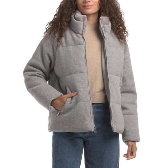TAHARI Heather Grey Knit Faux Fur Collar Puffer Coat